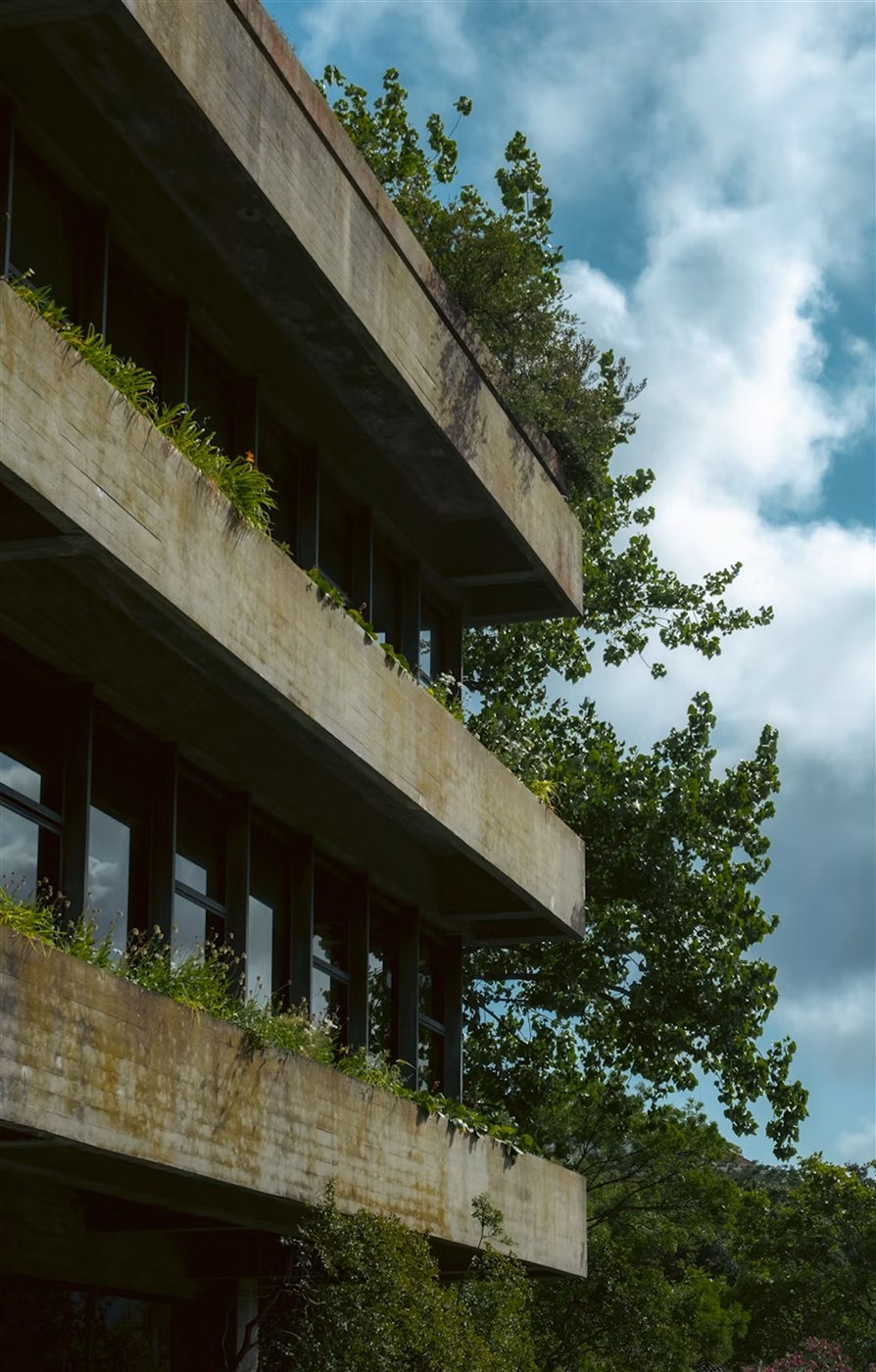 Brutalist building with greenery