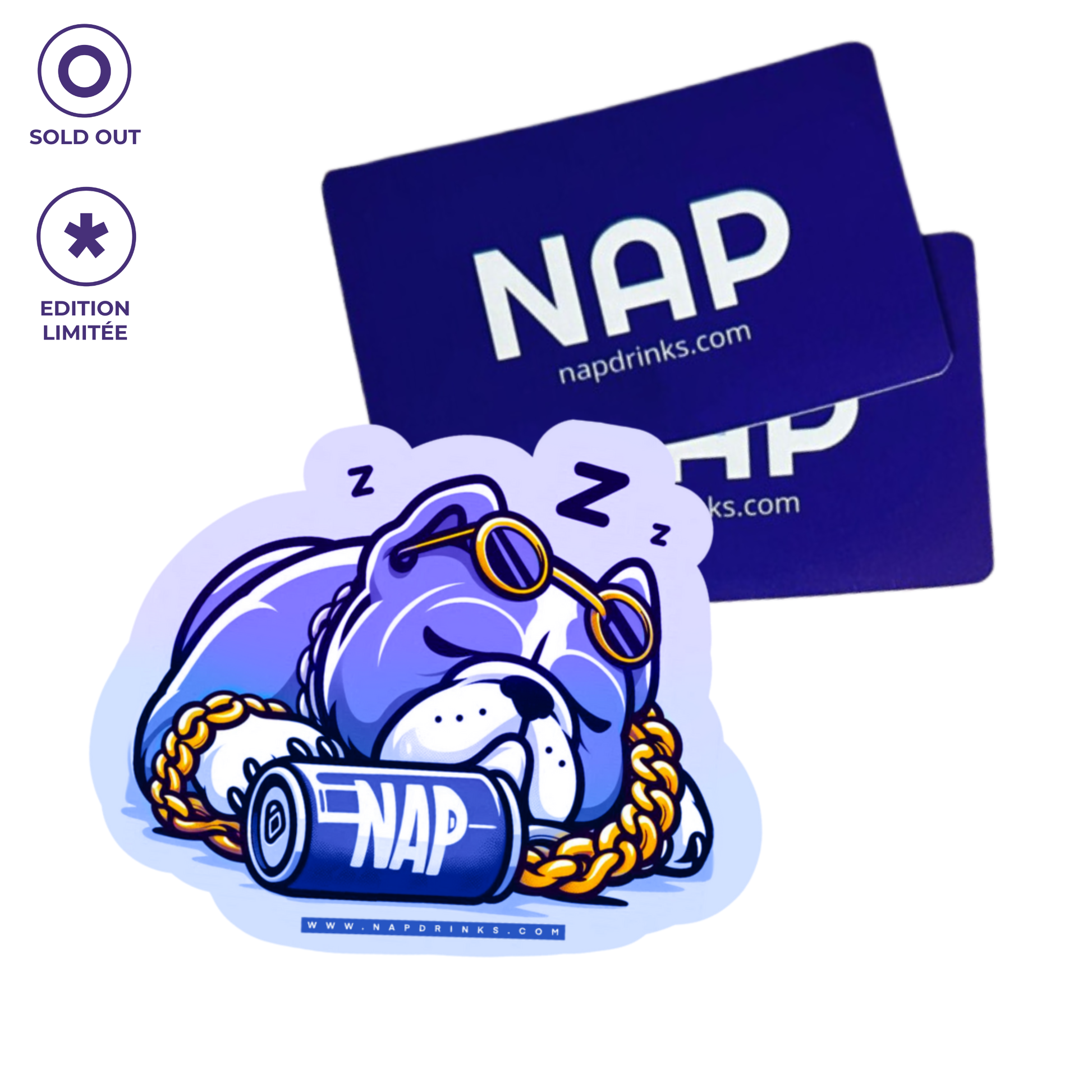 Pack de Stickers, Un bouledogue qui dort ainsi que deux sticker violet à l'effigie du logo de NAP